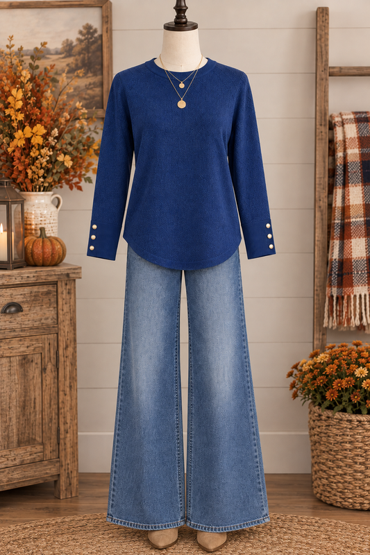 Keren Hart Midnight Blue Sweater with Gold Buttons on Sleeves