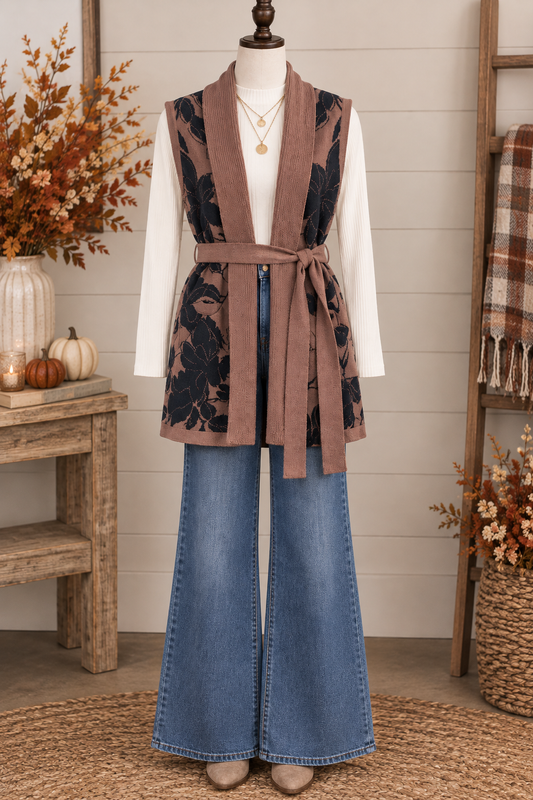 Keren Hart Brown Floral Cardigan Vest