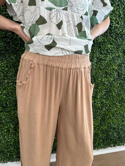 Umgee Latte Linen Blend Elastic Waist Bottoms