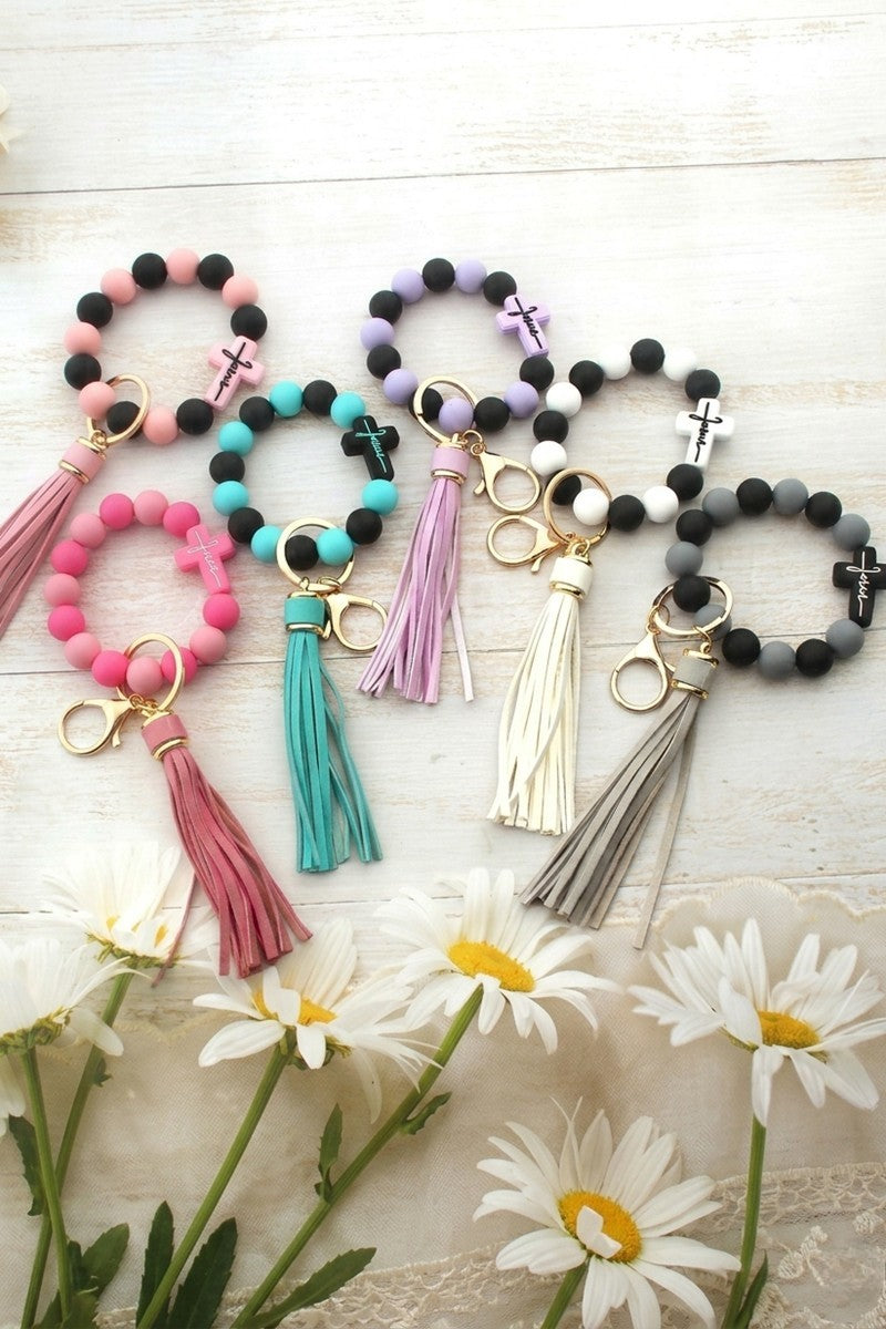 Jesus Cross Silicone Beaded Wristlet Keychain - 6 colors