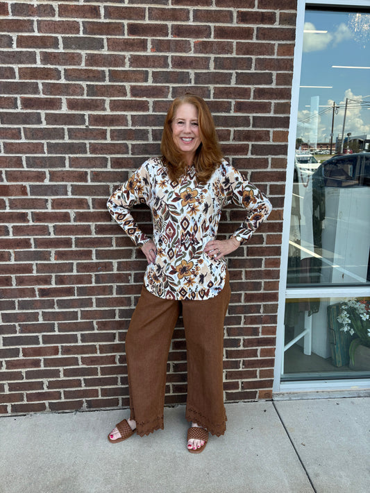 Entro Brown Denim Pants with embroidered hem