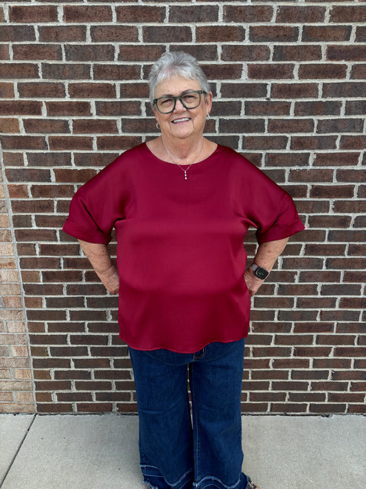Carole Christian Split Hem Round Neck Top with Cuffed Sleeves - Burgundy