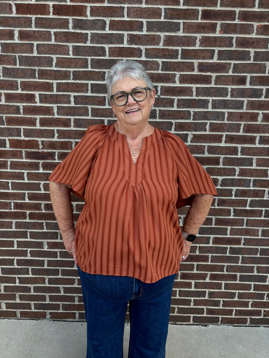 Carole Christian Striped V-neck Cape Sleeve Top - Burnt Orange