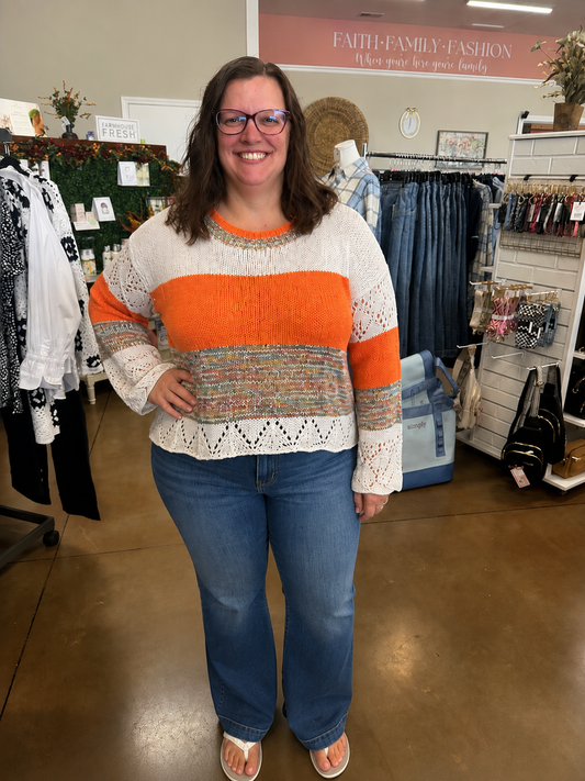 Entro Colorblock Crochet Detail Knit Sweater