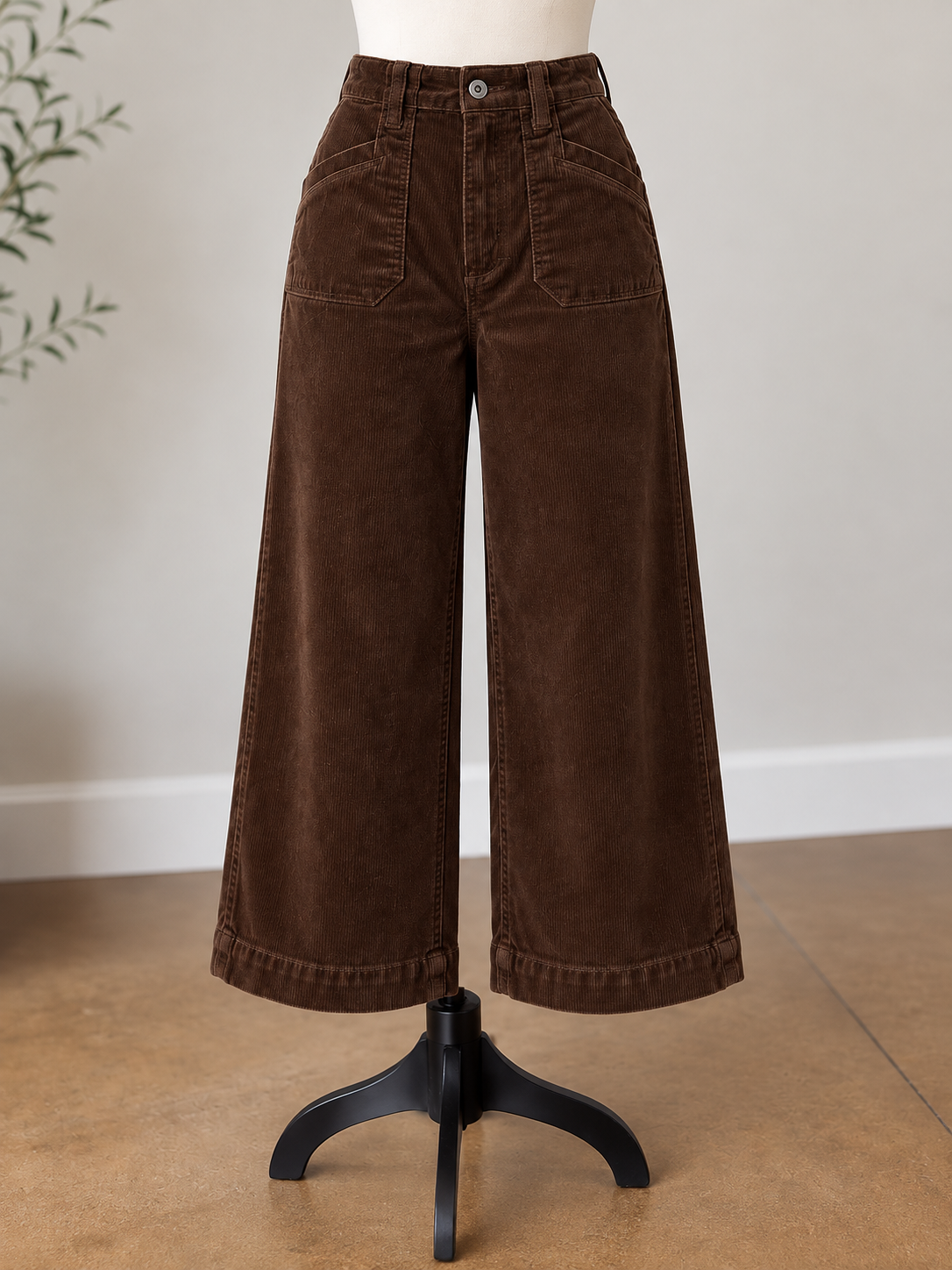 Charlie B Coffee Brown Cropped Wide Leg Corduroy Pants with Patch Pockets
