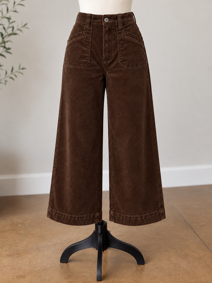 Charlie B Coffee Brown Cropped Wide Leg Corduroy Pants with Patch Pockets