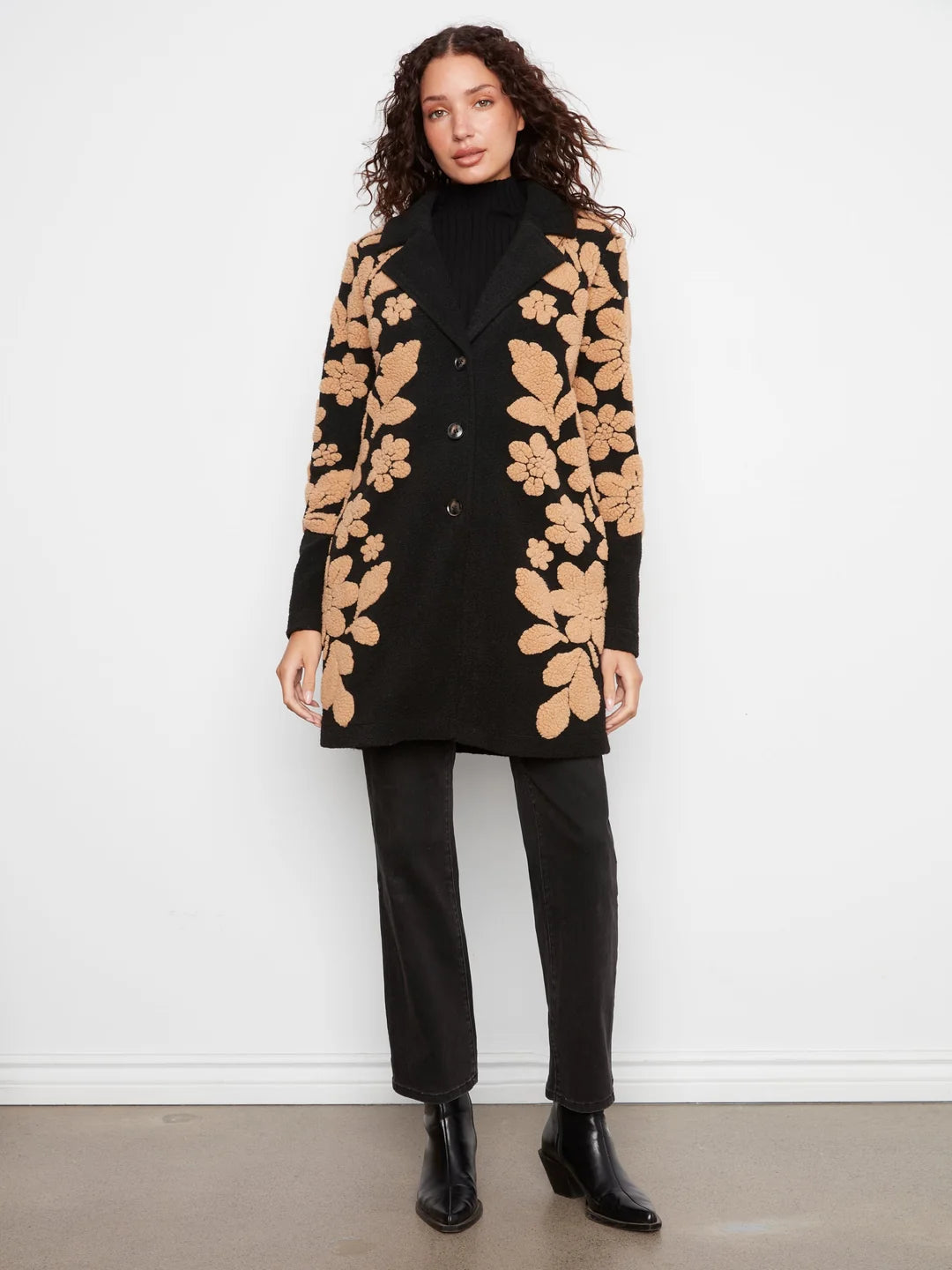 Charlie B collared coat with 3 button closure - black with embroidery