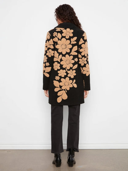Charlie B collared coat with 3 button closure - black with embroidery