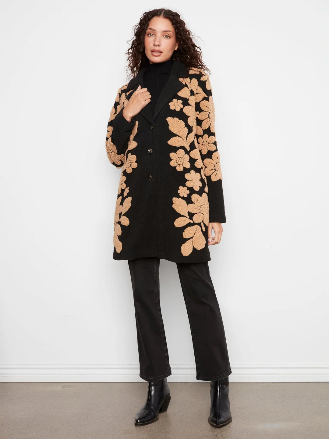 Charlie B collared coat with 3 button closure - black with embroidery