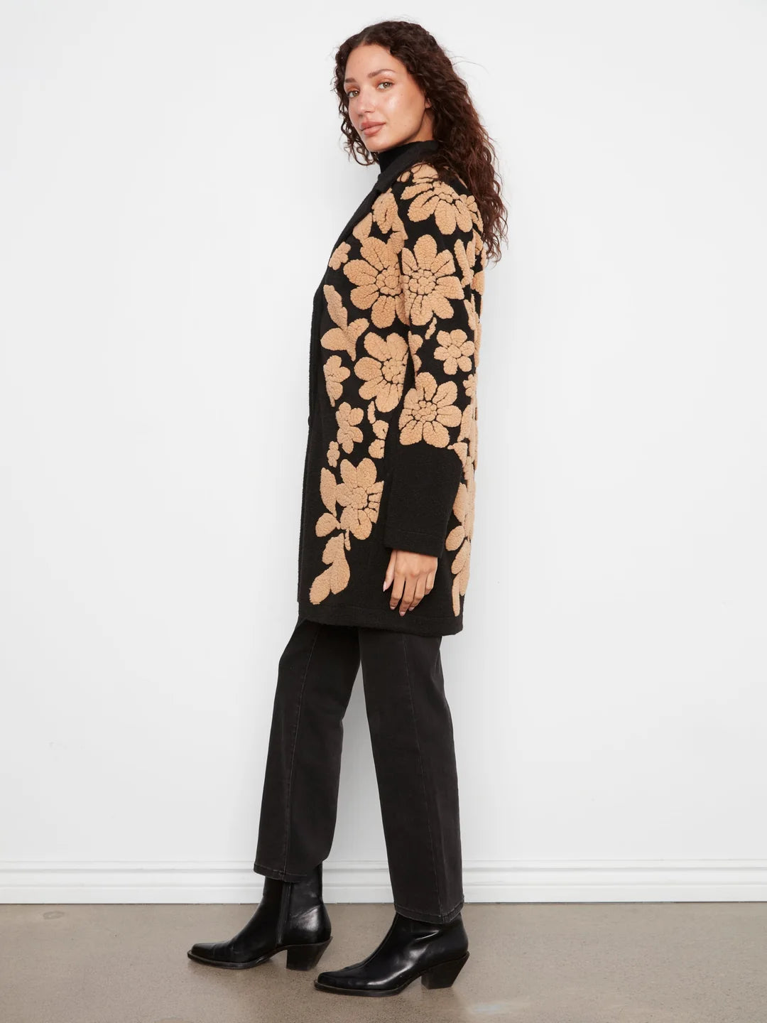 Charlie B collared coat with 3 button closure - black with embroidery