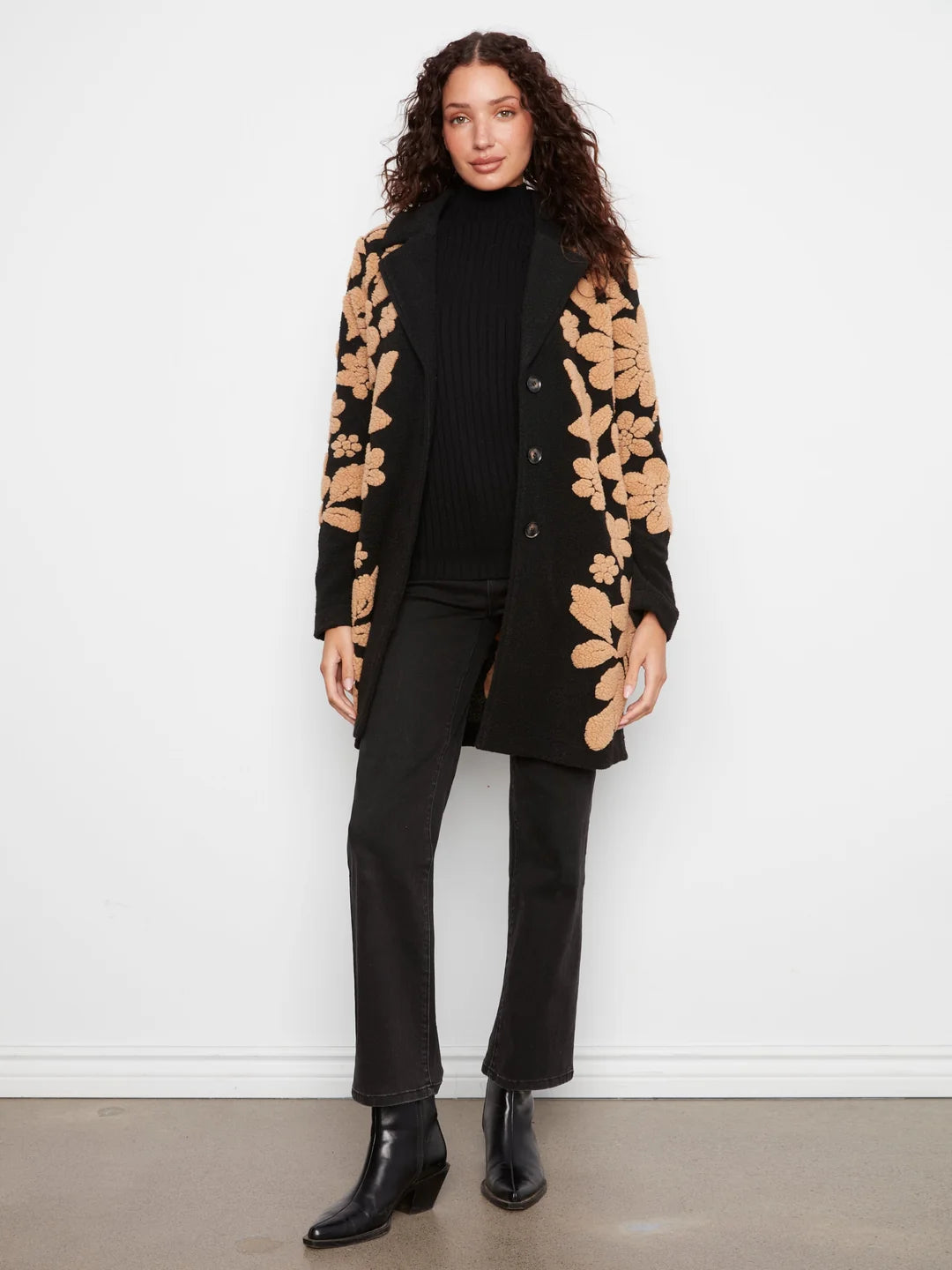 Charlie B collared coat with 3 button closure - black with embroidery