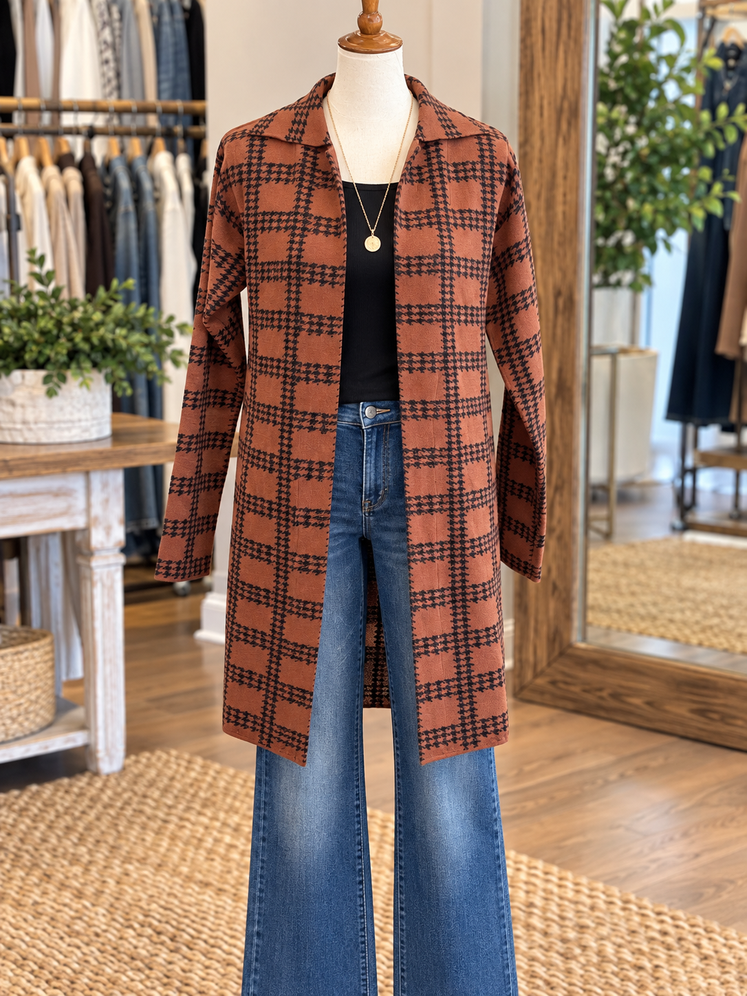 Keren Hart Long Spice and Black Plaid Cardigan