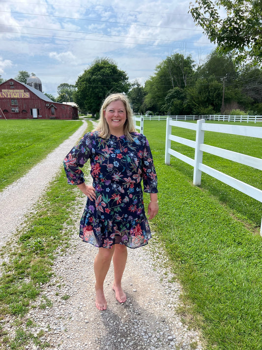 Keren Hart Navy Floral Lined Dress with Ruffle Detail