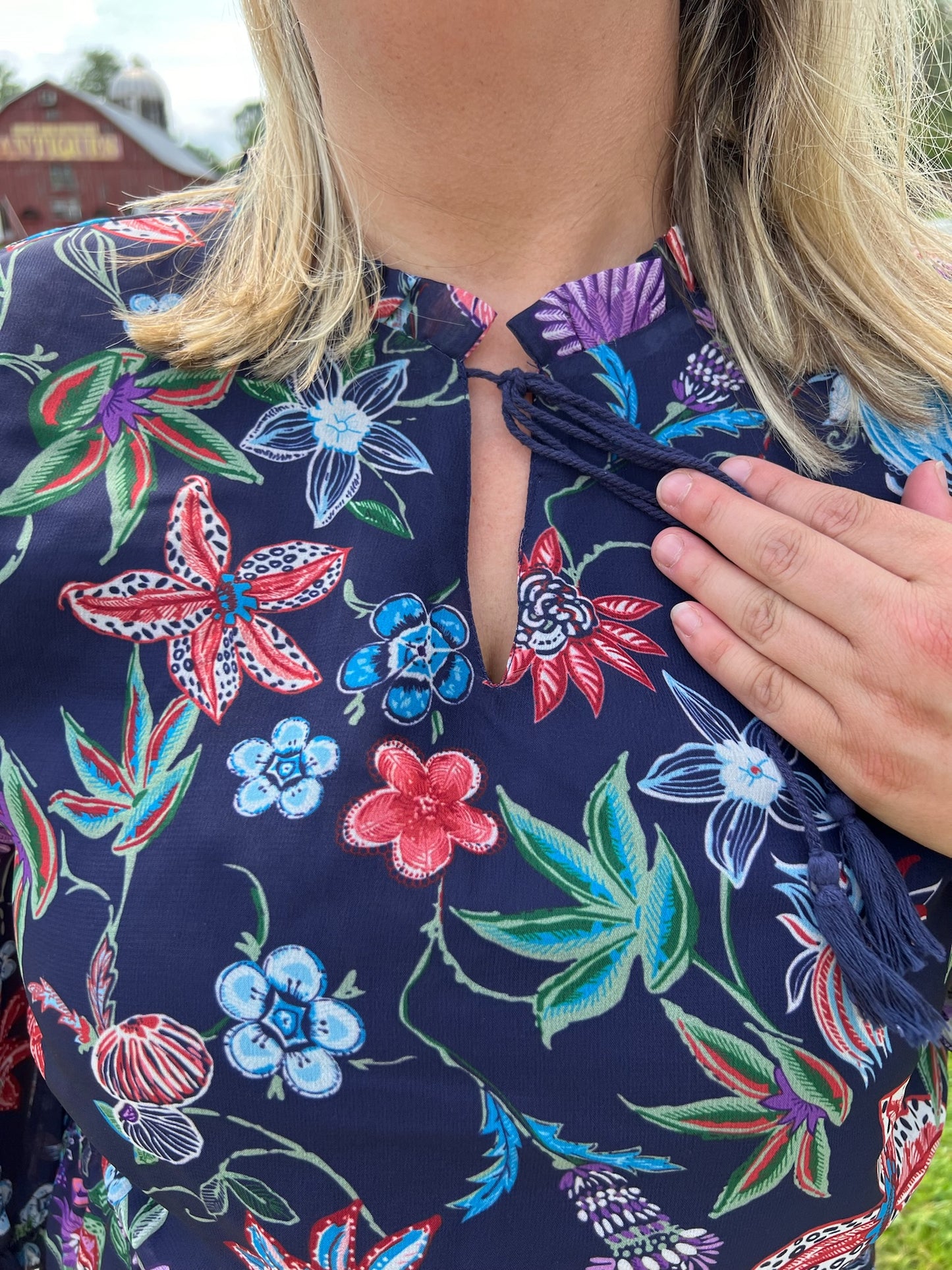 Keren Hart Navy Floral Lined Dress with Ruffle Detail