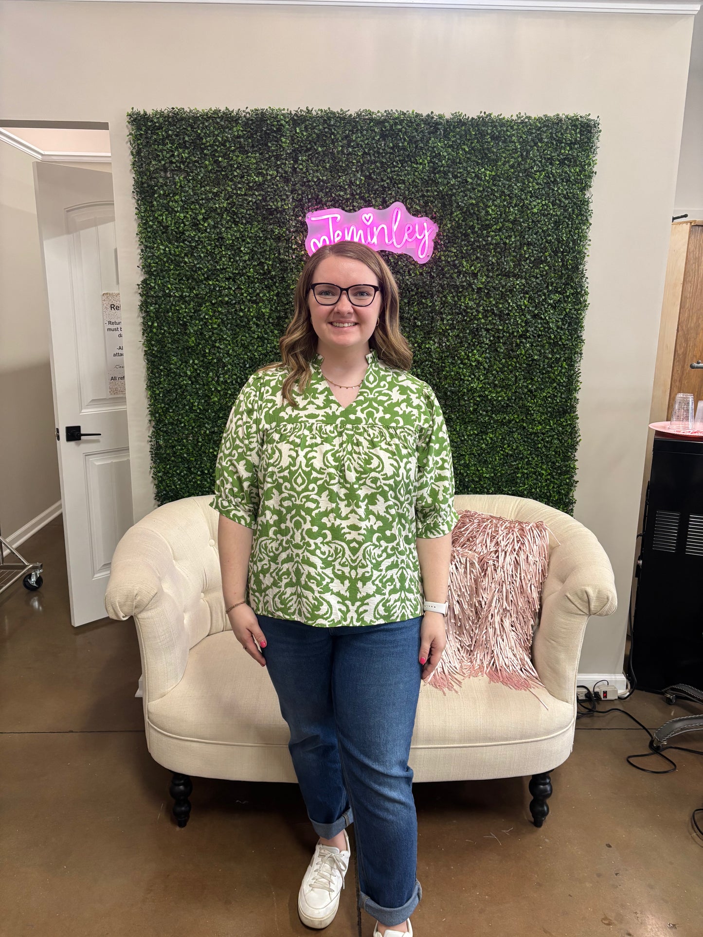 Pixi & Ivy Devon Half Sleeve Green Print Loose Fit Top