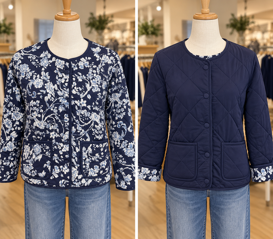 Keren Hart navy and floral reversible women's jacket with floral and navy buttons

