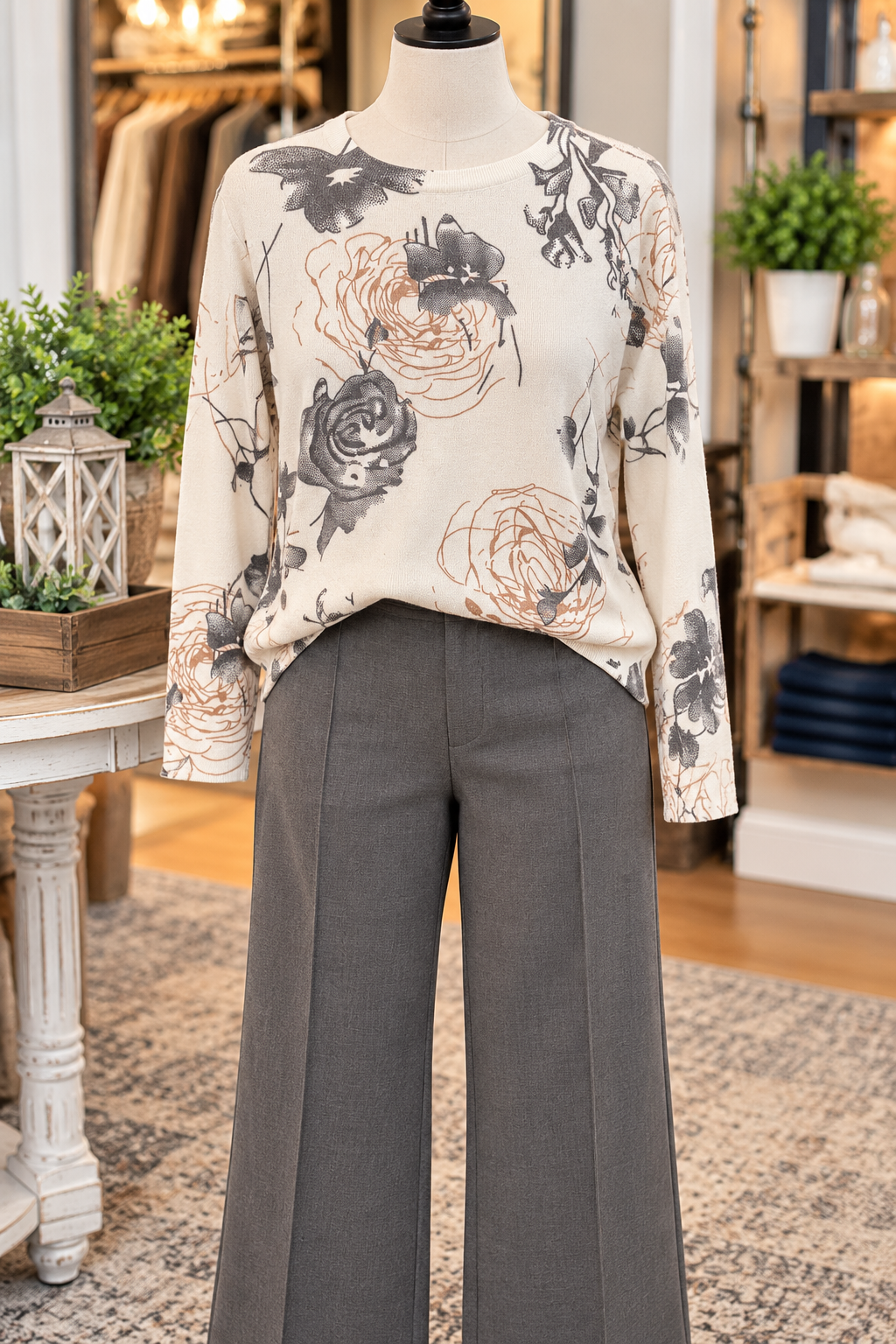 Keren Hart lightweight cream sweater with beige and gray floral design for women