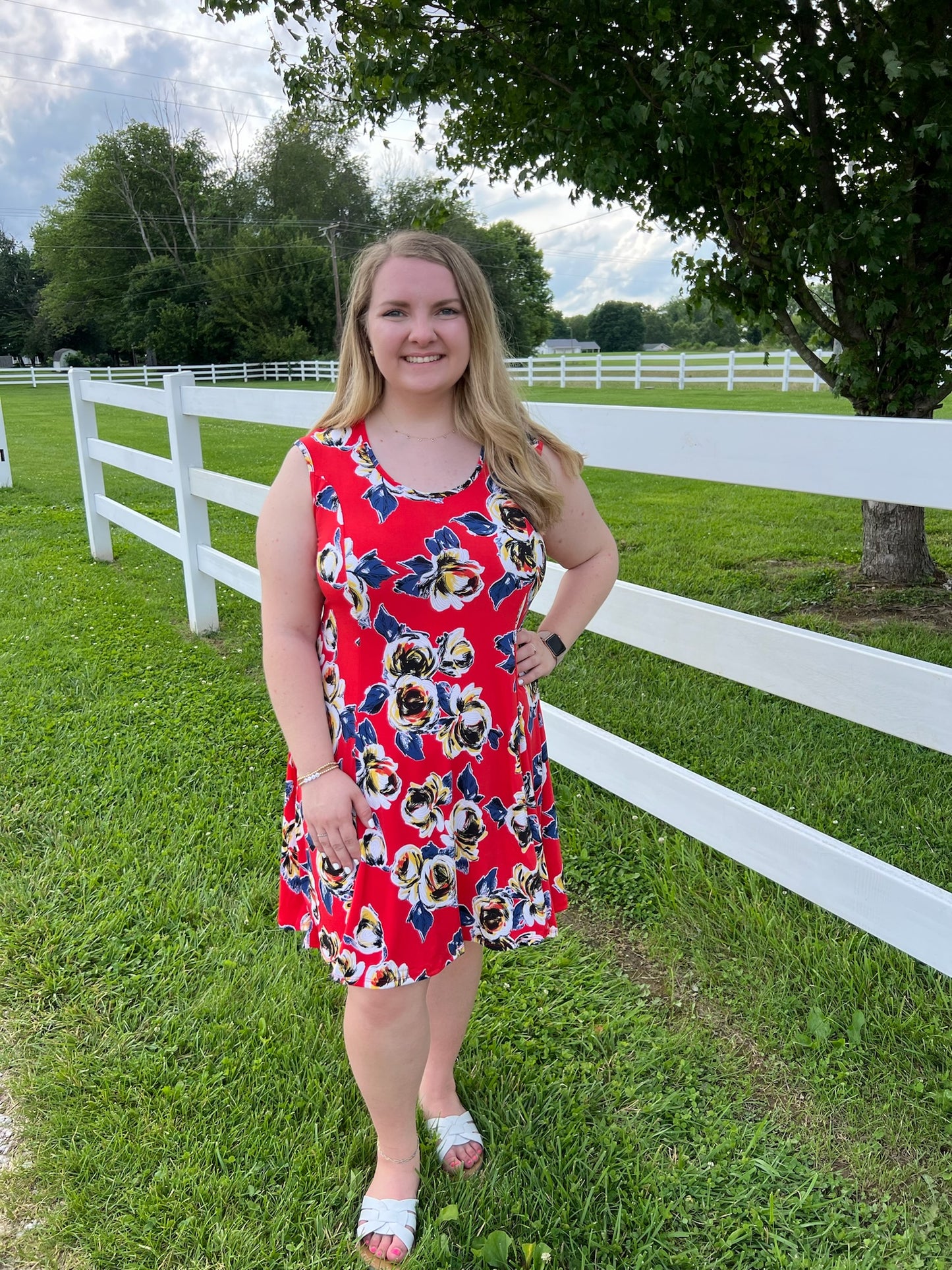 Keren Hart Red Sleeveless Swing Dress with Floral Detail