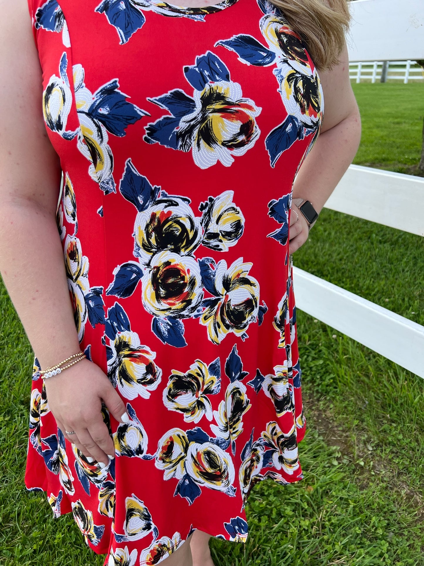 Keren Hart Red Sleeveless Swing Dress with Floral Detail