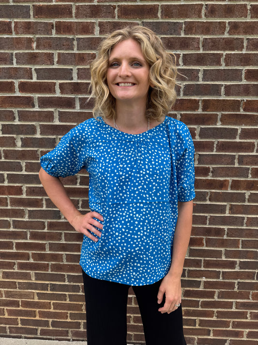 Keren Hart Round Neck Blue Blouse with White Speckles