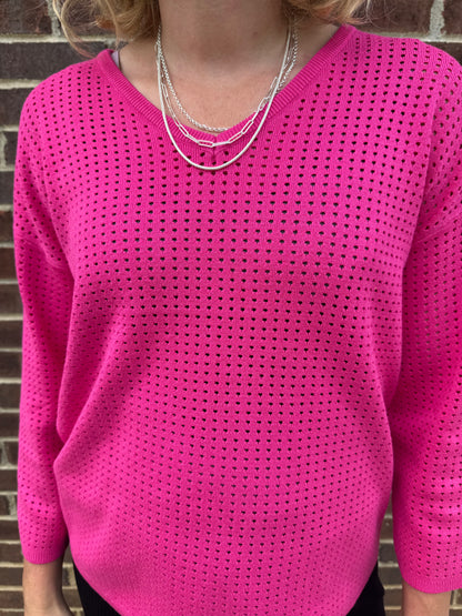 Keren Hart Hot Pink Open Weave 3/4 Sleeve Sweater
