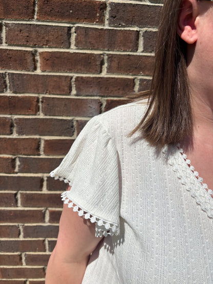 Keren Hart Soft White Textured V-neck Top with Lace Detailing