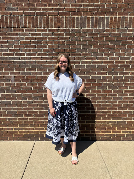 Keren Hart Navy Floral Print Midi Skirt