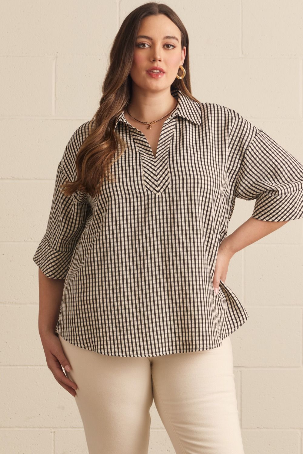 Plus Entro Gingham Top - navy or brown