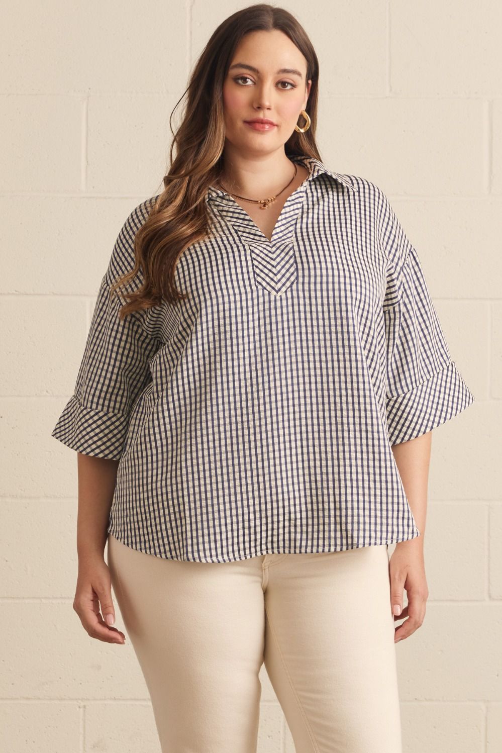 Plus Entro Gingham Top - navy or brown