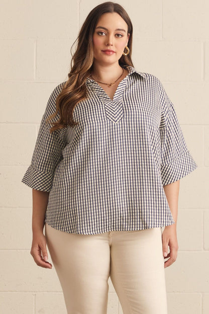 Plus Entro Gingham Top - navy or brown