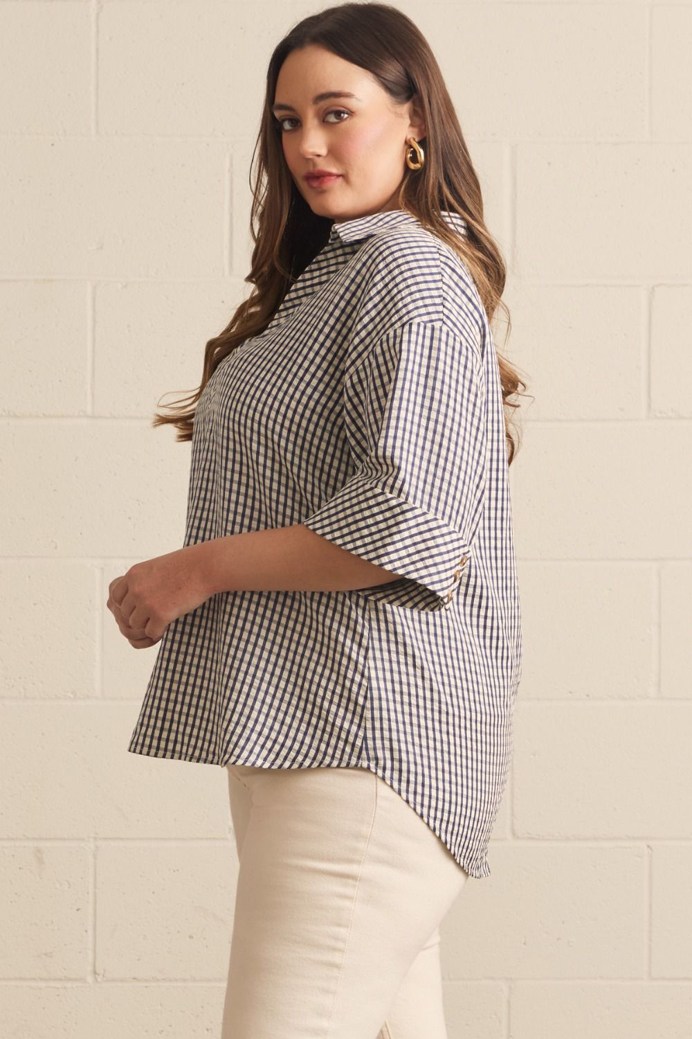 Plus Entro Gingham Top - navy or brown