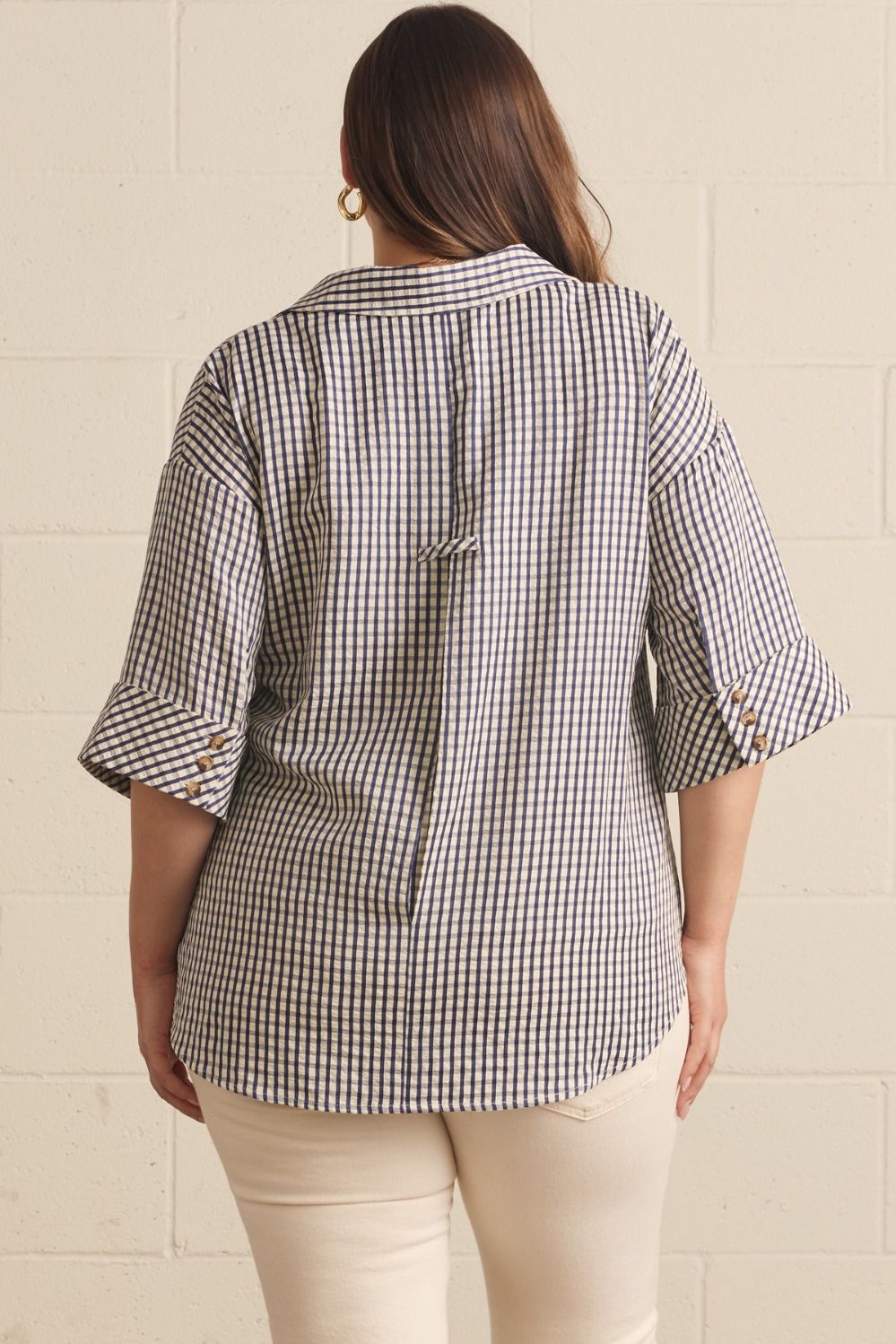 Plus Entro Gingham Top - navy or brown