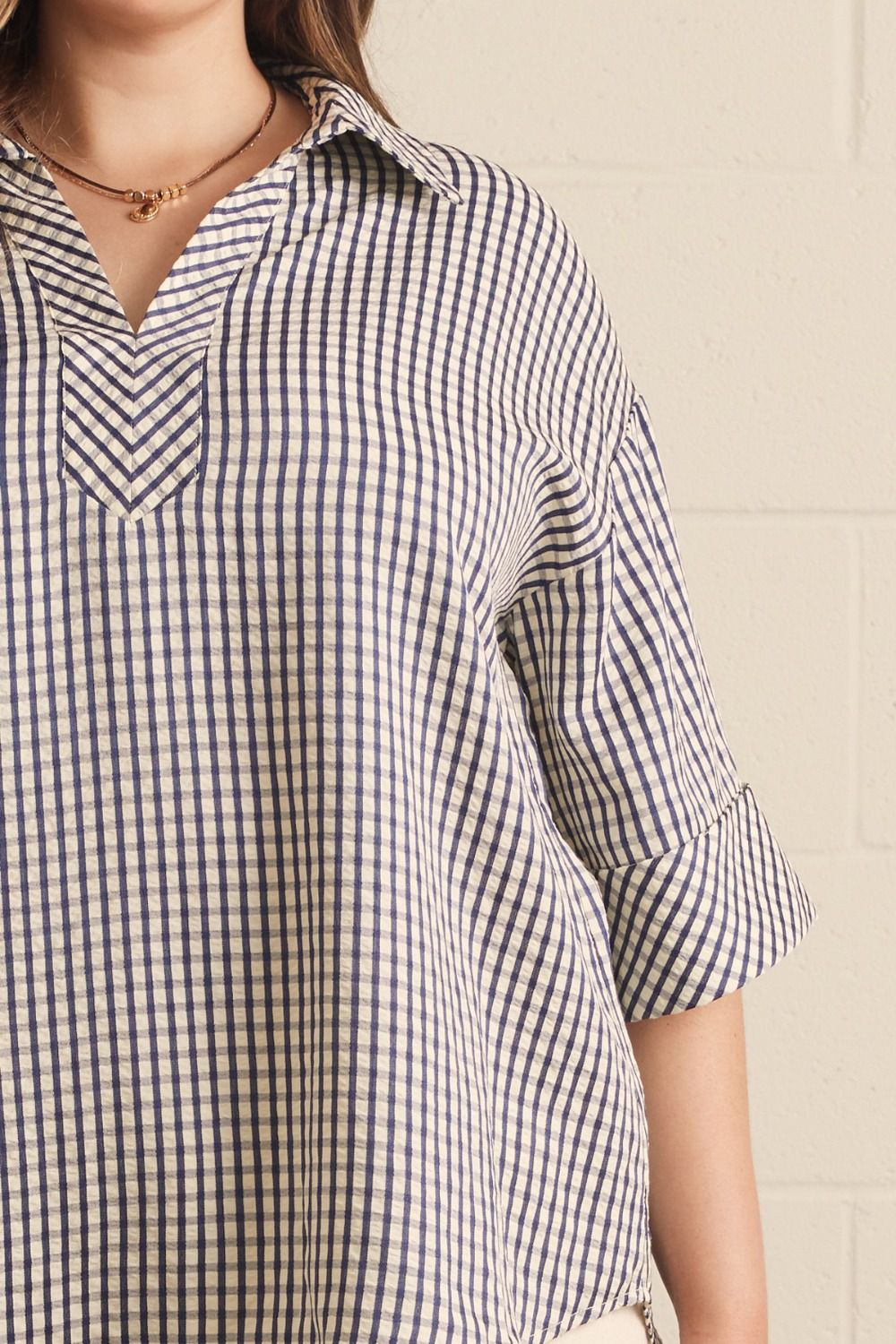 Plus Entro Gingham Top - navy or brown