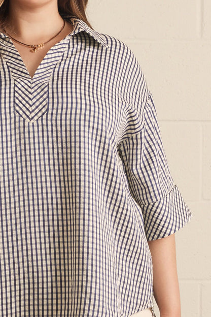 Plus Entro Gingham Top - navy or brown
