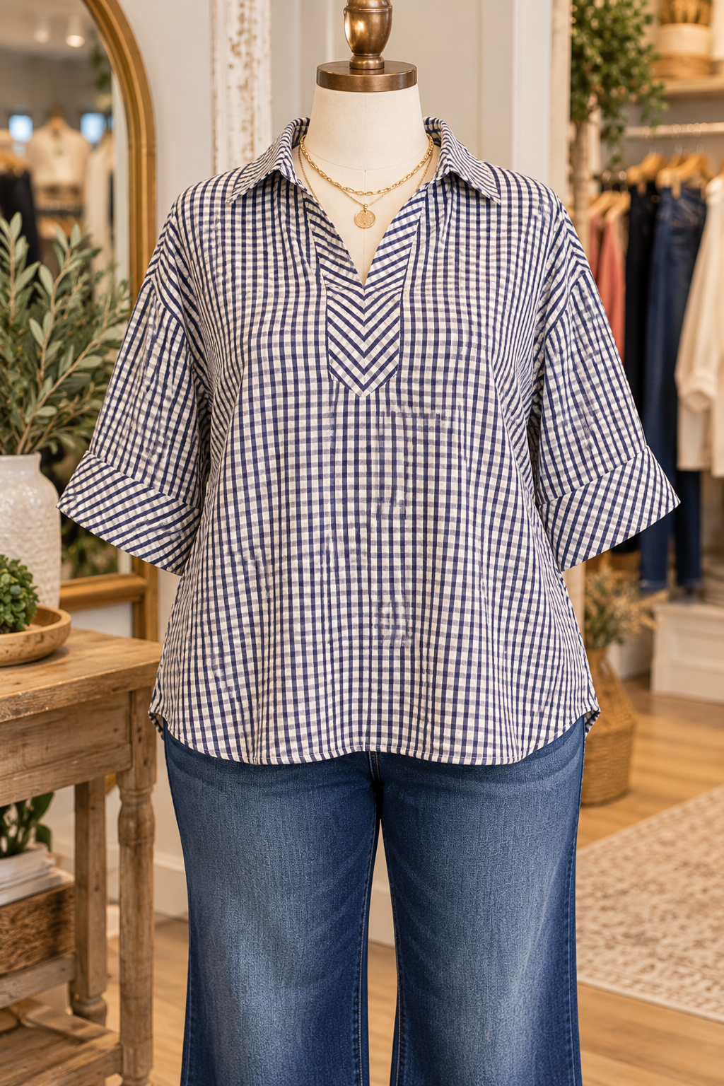 Plus Entro Gingham Top - navy or brown