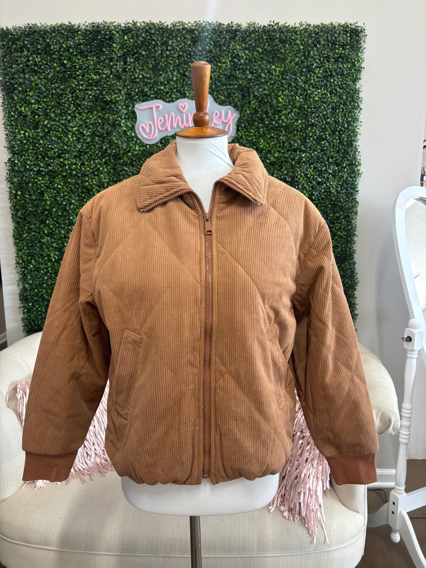 Keren Hart Spice Corduroy Jacket layered over a fall outfit with jeans, perfect for fall fashion, modest church outfits for fall, Thanksgiving outfit ideas, pumpkin patch outfits, and fall family photos.