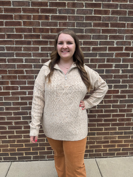 Keren Hart Beige Speckle Knit Quarter Zip Sweater