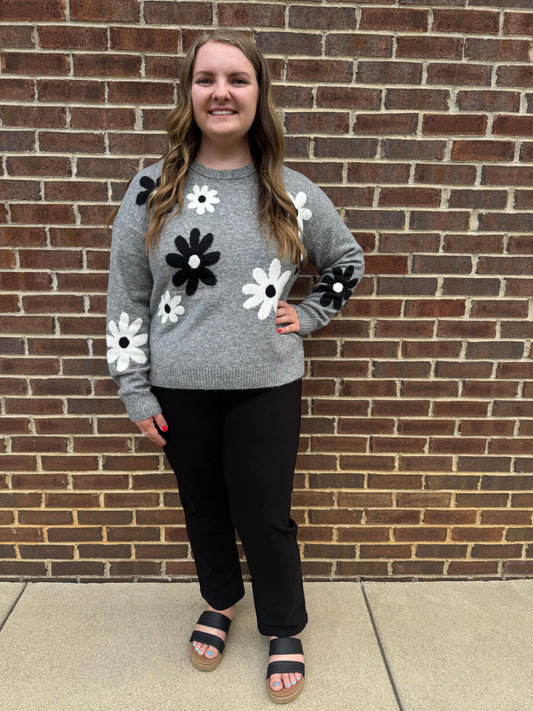 Keren Hart Grey Soft Knit Sweater with Black & White Flowers