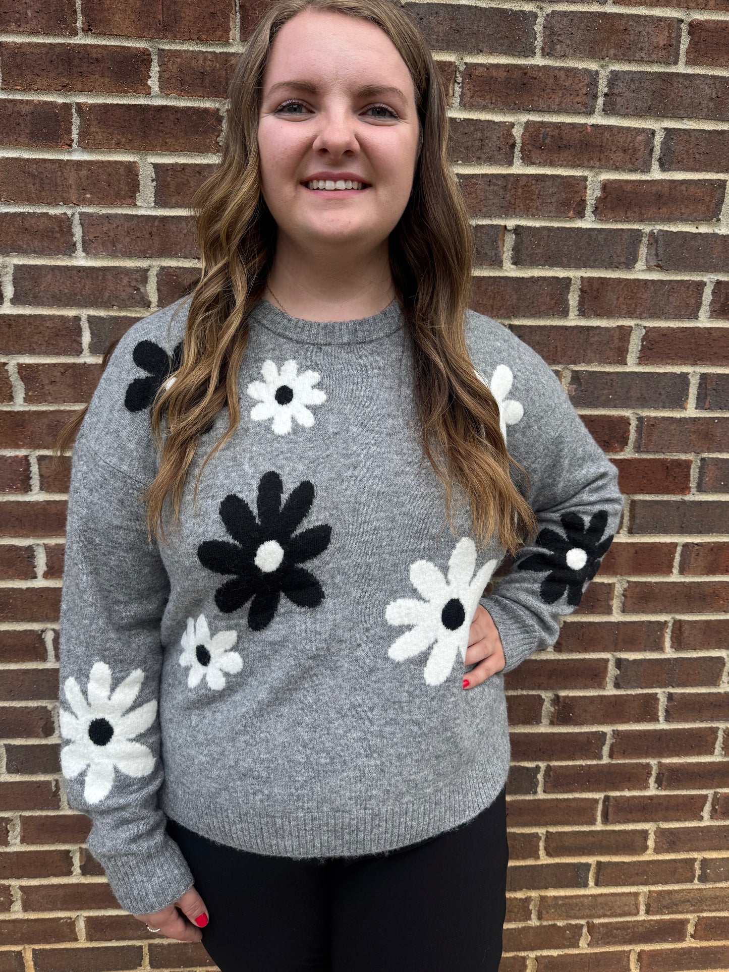 Keren Hart Grey Soft Knit Sweater with Black & White Flowers