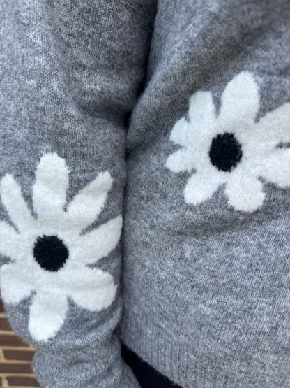 Keren Hart Grey Soft Knit Sweater with Black & White Flowers