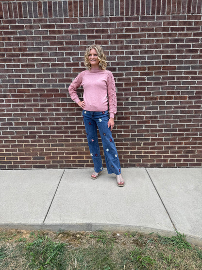 Charlie B Wide Leg Stretch Denim Pants With Allover Flower Patches