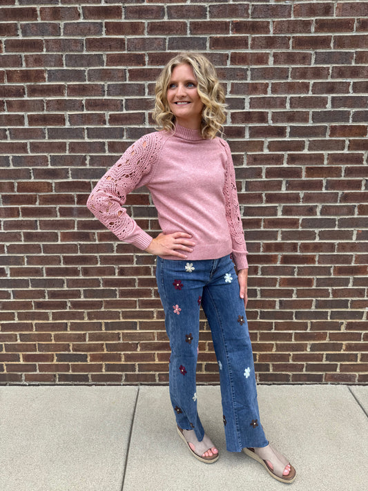 Charlie B Wide Leg Stretch Denim Pants With Allover Flower Patches