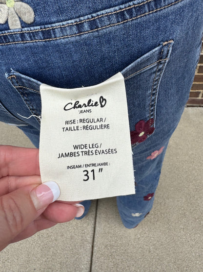 Charlie B Wide Leg Stretch Denim Pants With Allover Flower Patches