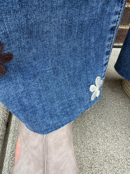 Charlie B Wide Leg Stretch Denim Pants With Allover Flower Patches
