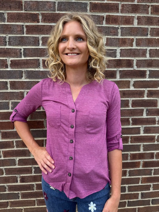 Keren Hart Plum Textured Button Down Top