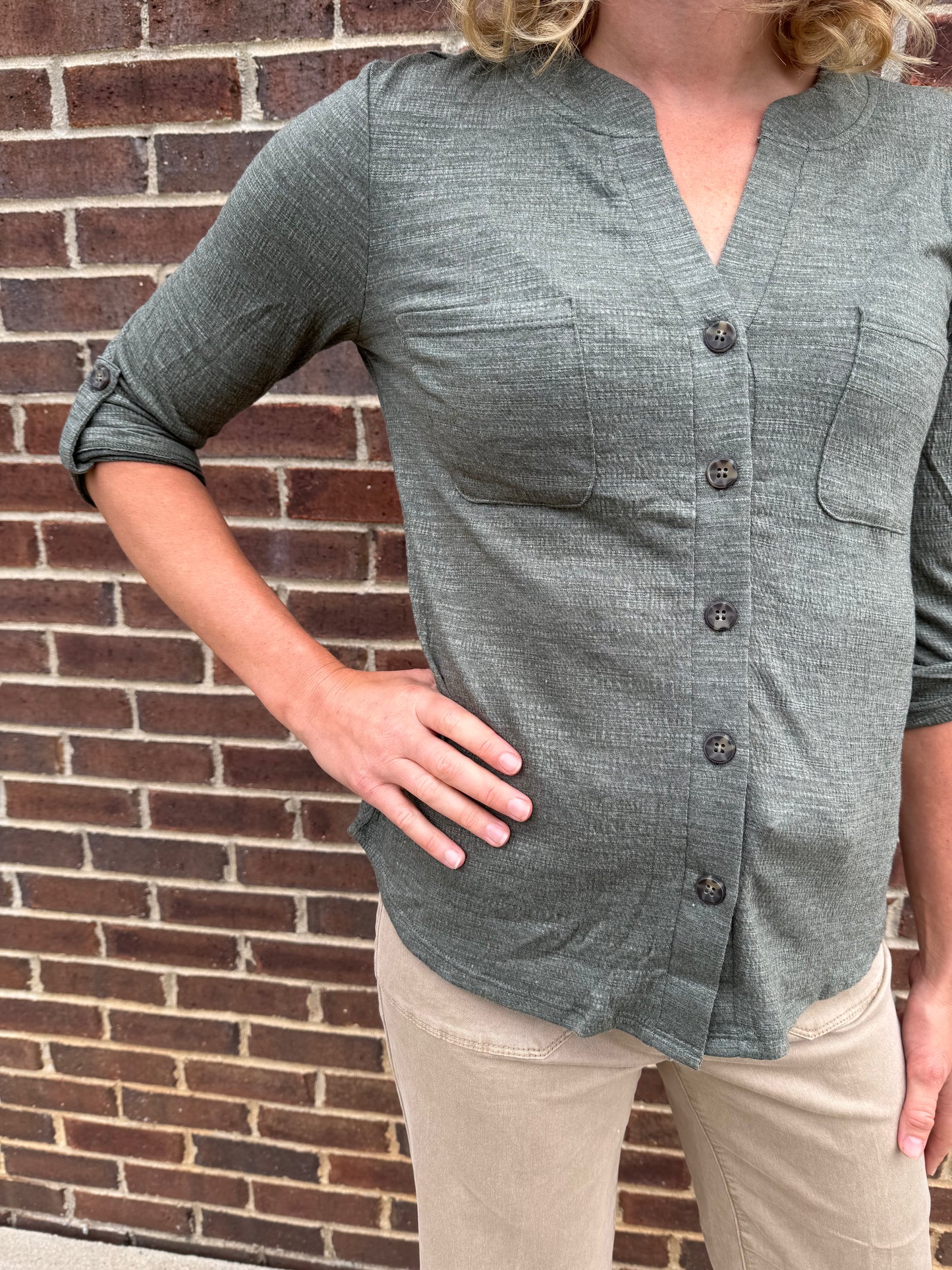 Keren Hart Green Pine Textured Button Down Top