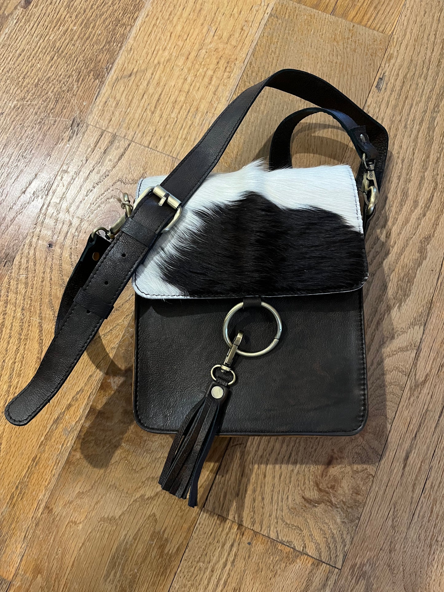 Leather Crossbody Purse with Fur and Tassel Detailing