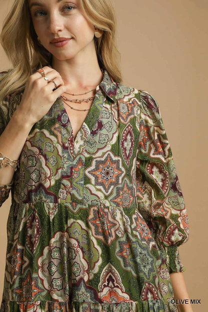 Umgee Boho Print Tiered Midi Dress
