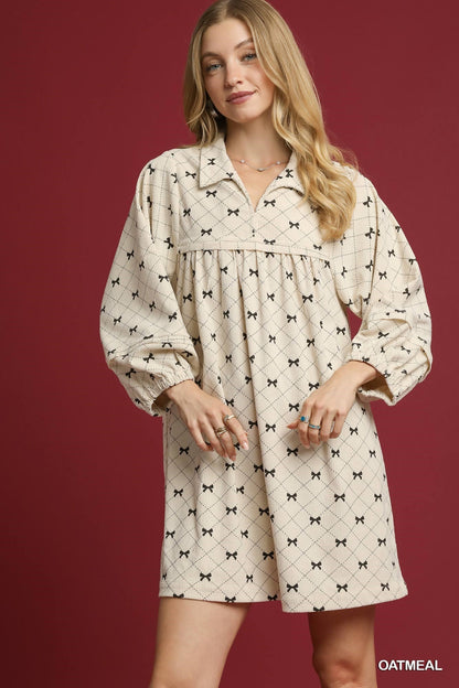 Umgee Corduroy Bow Print Babydoll Dress