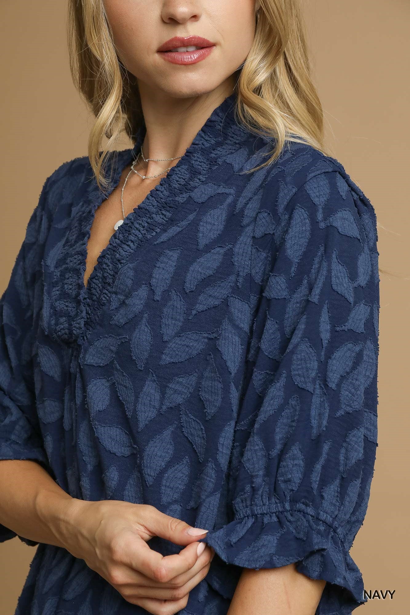 Umgee Floral Jacquard V-Neck Top